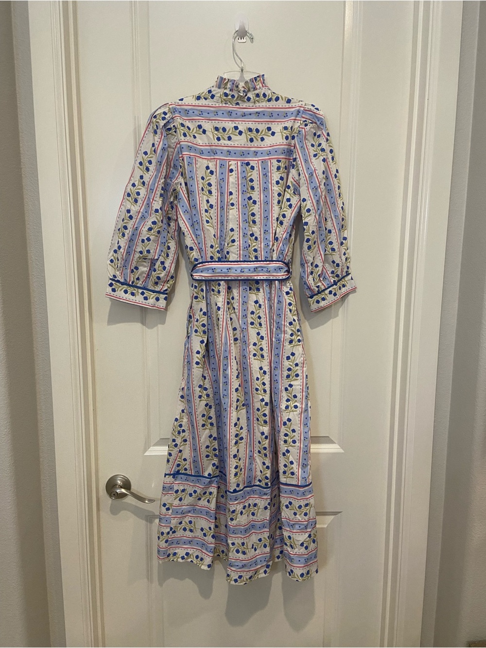 New Boho Cottagecore Blue Floral & Stripe Midi Shirt Dress with Bow tie waist - Picture 5 of 7
